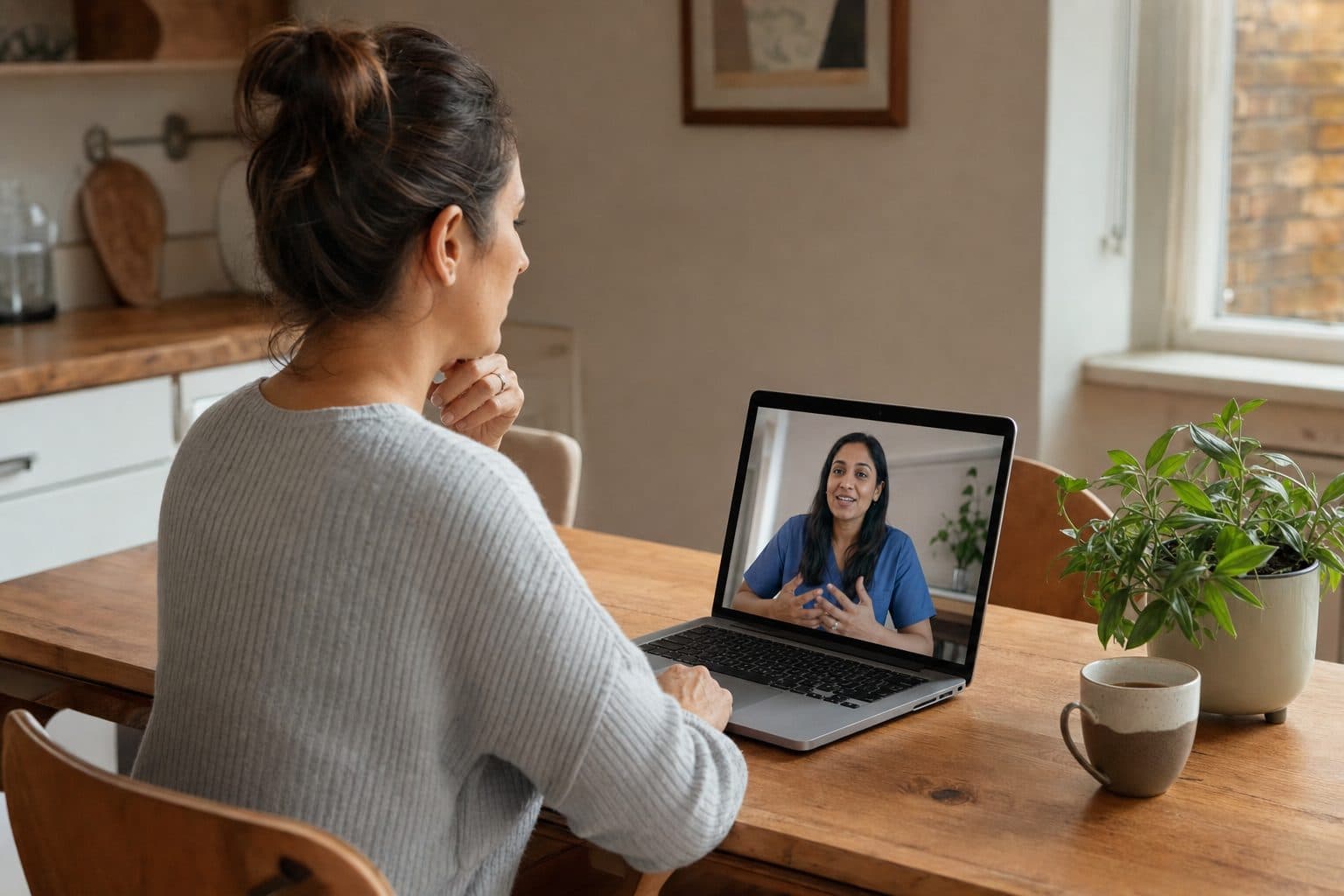 A woman at her kitchen table speaking with a clinician during a video appointment