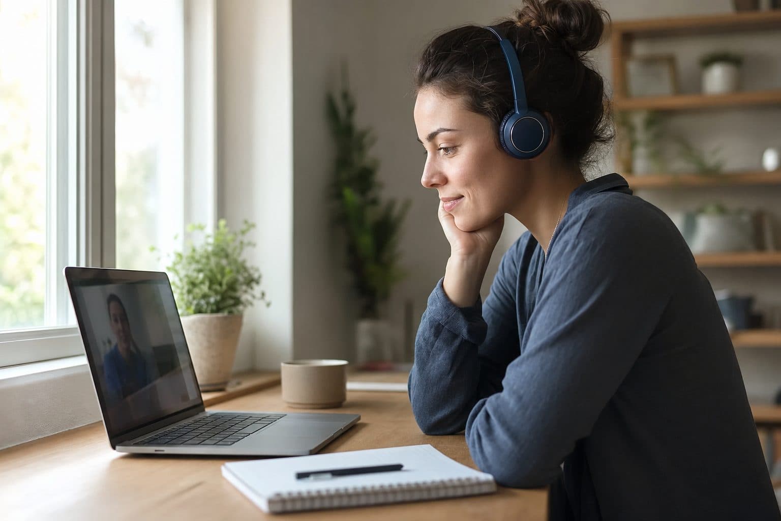A woman listening during a video appointment at her desk