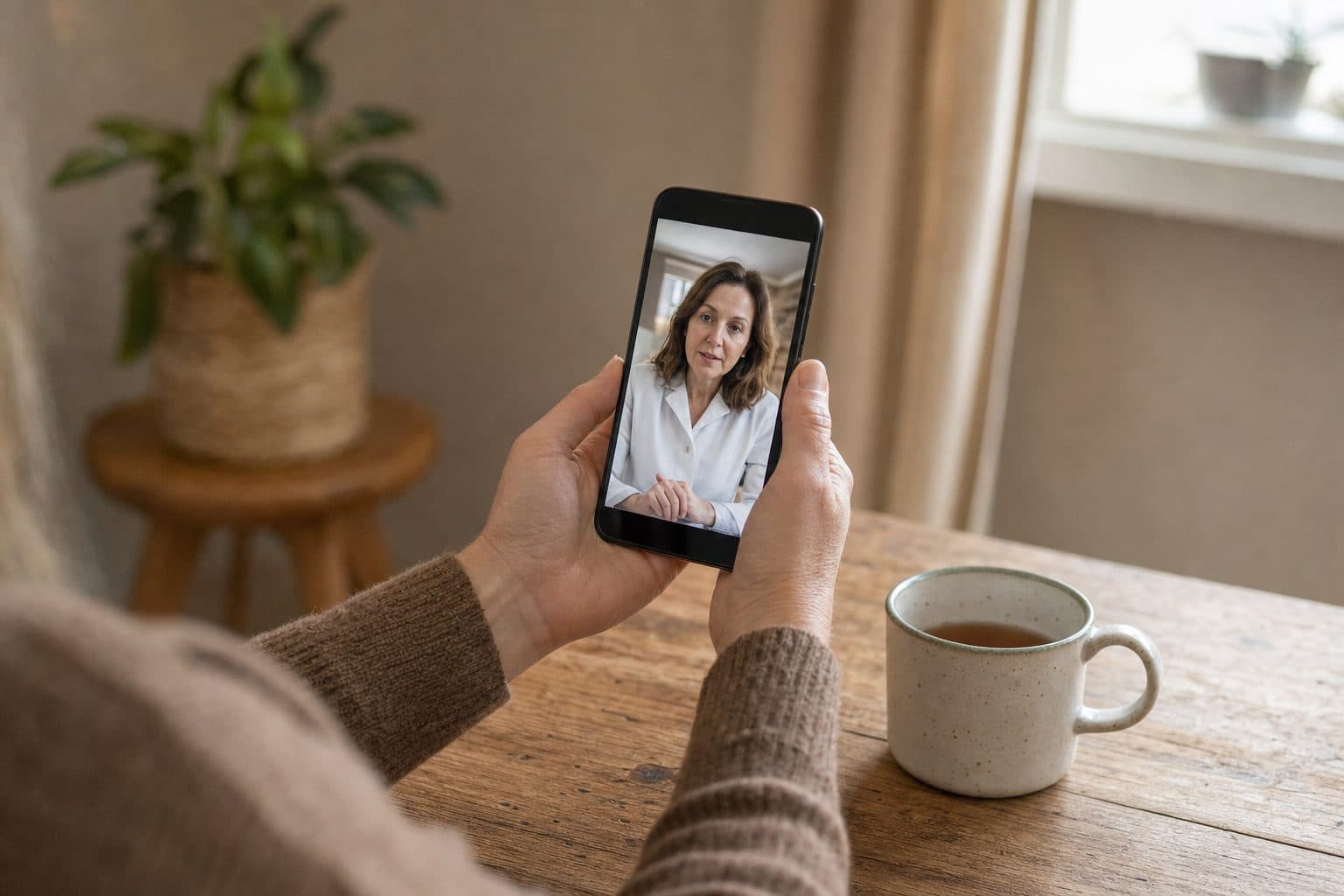 A person joining a video appointment on a phone at home