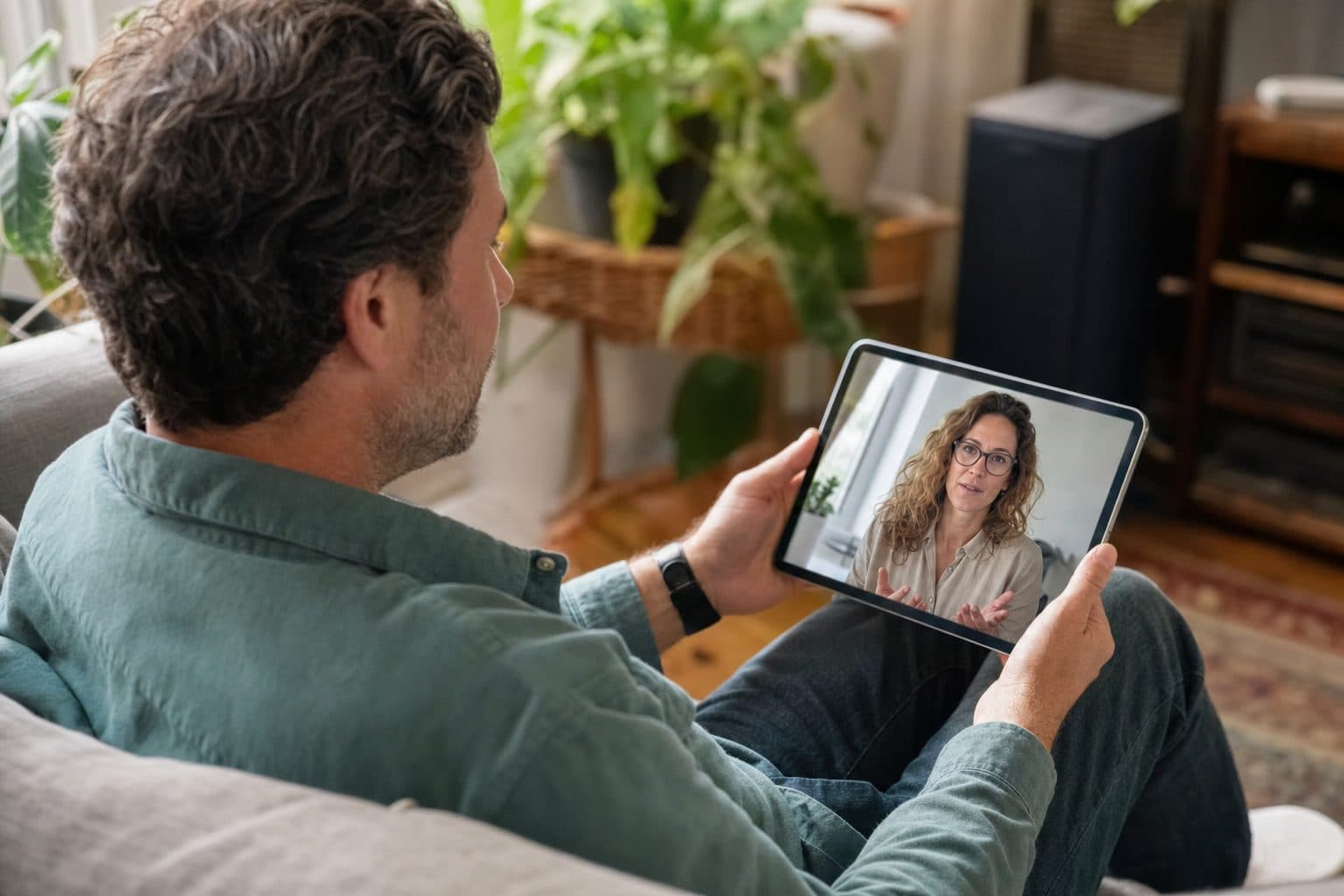 A man reviewing his treatment with a clinician during a video appointment at home